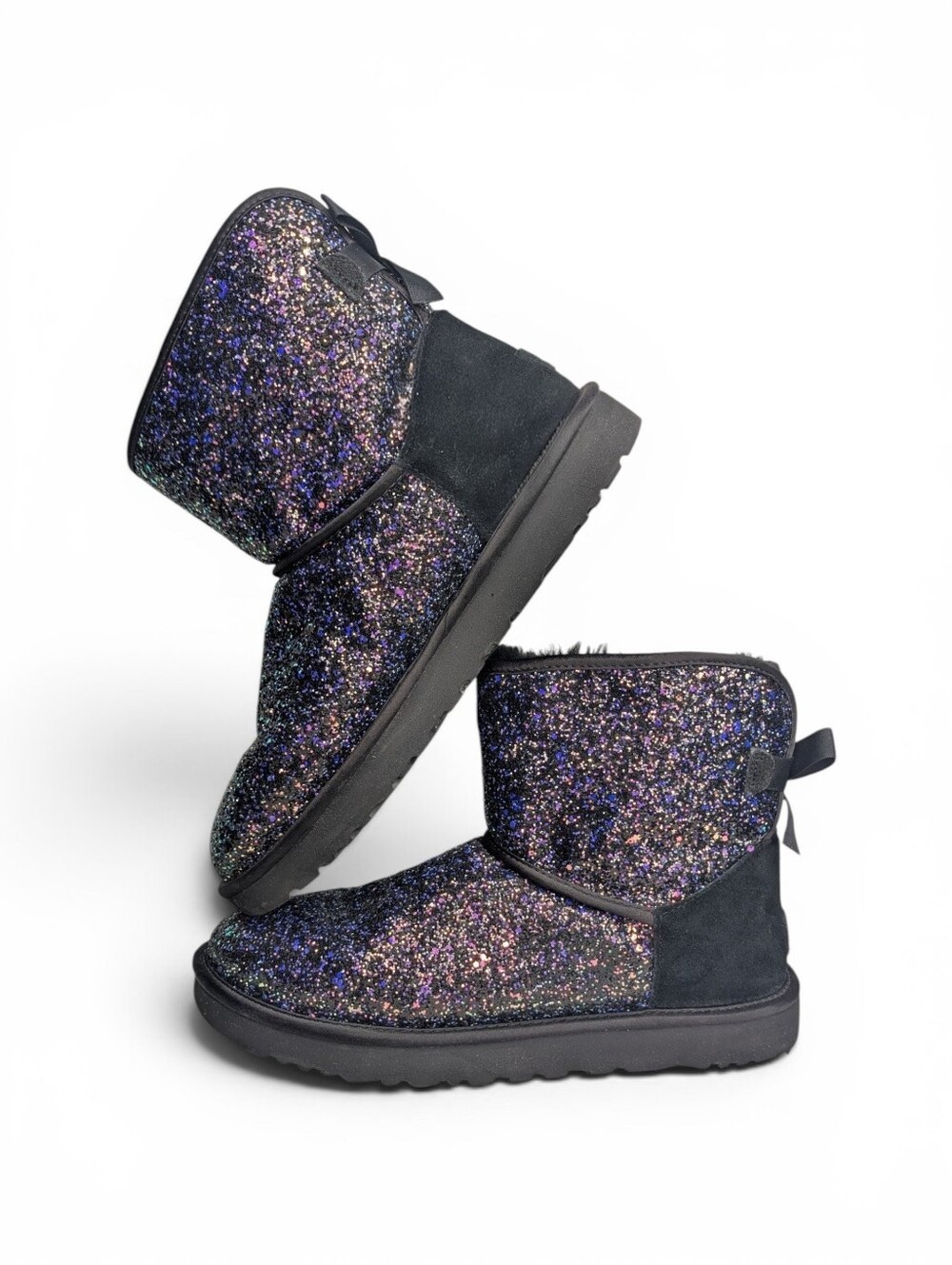 UGG Women's Mini Bow Multicolor Glitter Cosmos Black Boots | Size 12